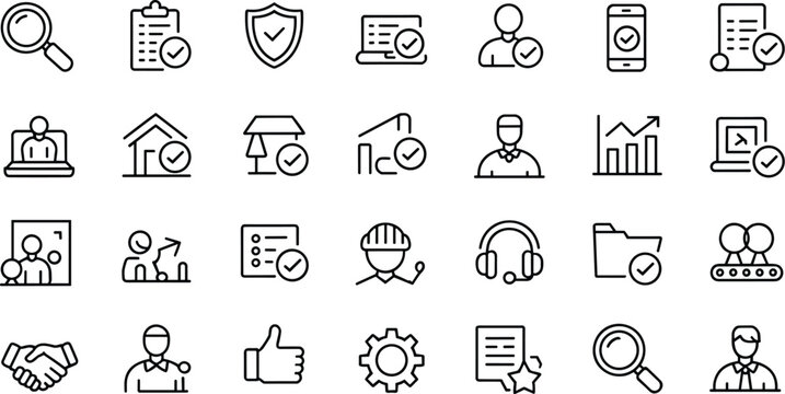 Inspection and Quality Control Line Icon Set with Testing Evaluation Certification and Product Check Symbols Editable Stroke Collection