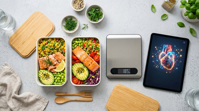 Flat lay of two bento boxes with salmon and avocado, a kitchen scale, and a tablet showing a 3D heart health graphic on a grey background. Healthy meal prep concept. AI generated.