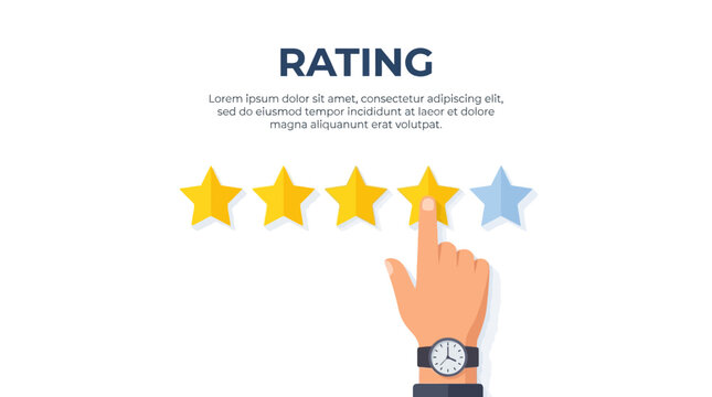 Flat design illustration of a hand with a watch clicking a blue star rating on a white background