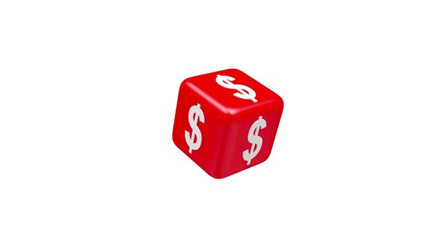 Red cube with white dollar symbols rotates on a white background, conceptual finance and money themed 3D animation