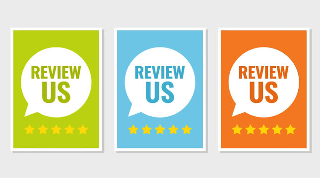 Colorful review speech bubbles with star ratings on a white background
