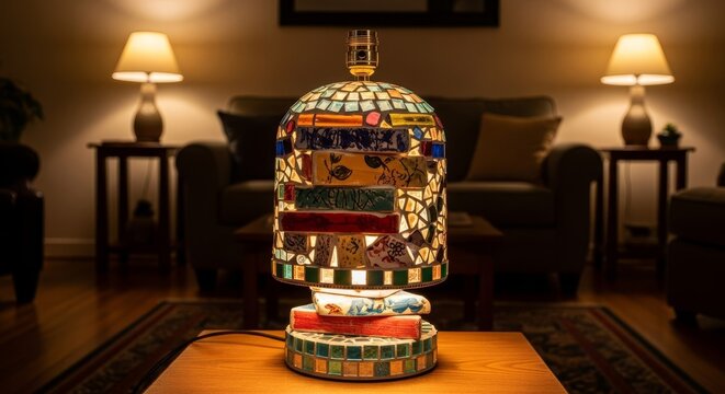 Exquisite Handmade Mosaic Lamp with Intricate Glasswork Casting Warm Ambiance