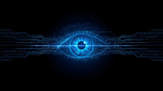Glowing blue eye with circuit board design on dark background