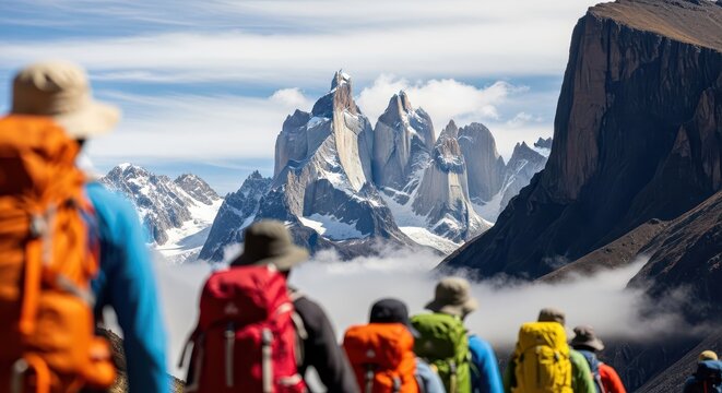 Hikers look out at a vast mountain range covered in snow and clouds.