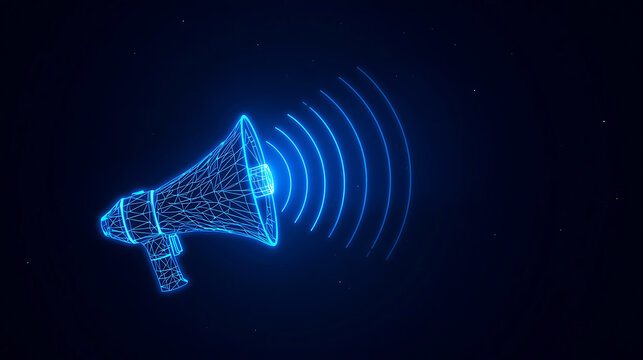 Neon blue wireframe megaphone with sound waves emitting from it