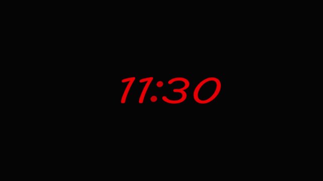 Red digital clock countdown timer on black background, time passing concept