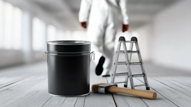 Static shot of paint can brush and ladder with painter walking through empty bright interior room during renovation