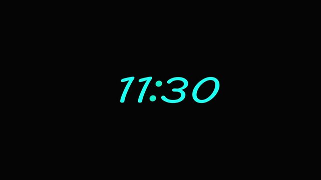 Animated neon clock countdown timer with black background, 11:12 to 11:48, animation