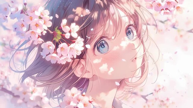 A Young Girl Surrounded by Delicate Cherry Blossoms Gazing Upward in a Serene Landscape of Pastel Colors and Gentle Light