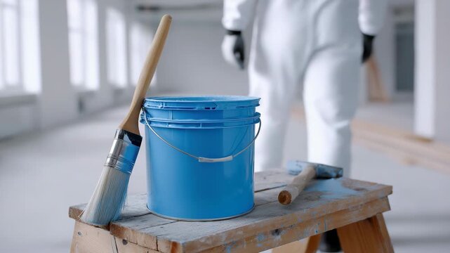 Tracking shot of paint bucket and brush with painter walking through empty renovation interior past wooden workbench