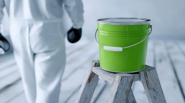 Static shot of green paint bucket on step ladder as painter walks past on wooden floor inside renovation room during daytime workday