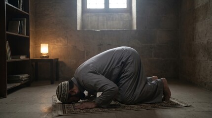 Fototapeta premium A Muslim man praying on a rug in a dimly lit room with natural light streaming in from a window, symbolizing faith and devotion