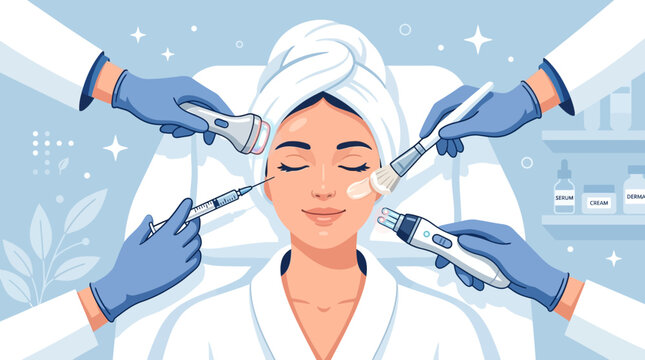 Illustration of a woman receiving a facial treatment with various tools applied to her face in a spa setting.