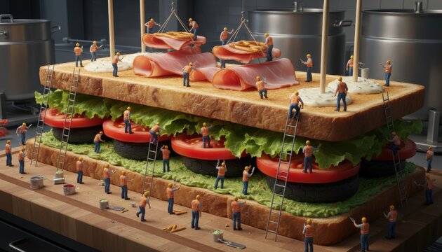 Tiny workers construct a colossal sandwich with avocado spread and layered ingredients in a bustling kitchen