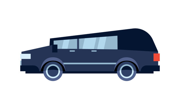 Black hearse car. Funeral ceremonial transport icon. Flat simple geometric style dark funeral hearse.  Transport vehicle side view isolated on white background.
