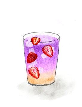 Strawberry Rainbow Mojito Cocktail Colorful Lime Fresh Drink, Summer Cute Illustration