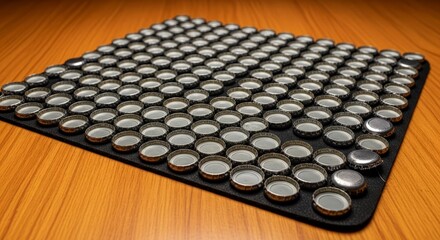 Fototapeta premium A meticulously arranged collection of polished metal bottle caps forming a dense, repeating pattern on a dark surface