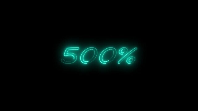 Glowing neon 500% text animation business growth and success concept 500 percent neon sign glowing text