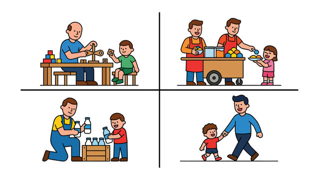Cherished Moments of Fatherhood: A heartwarming portrayal of four scenes capturing the essence of fatherhood, each frame revealing a unique bond.