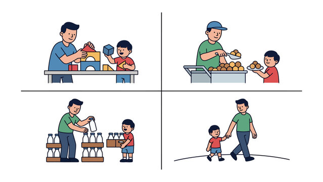 Father and Son Moments: A heartwarming series of illustrations showcasing the tender moments between a father and son, engaging in activities such as building blocks, food preparations.