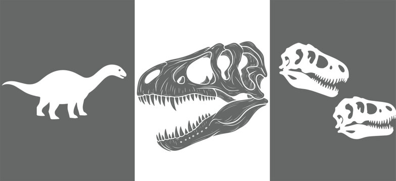 Dinosaur Fossil and Skull Icons Featuring T. Rex and Brachiosaurus for Paleontology, Science, and History Illustrations