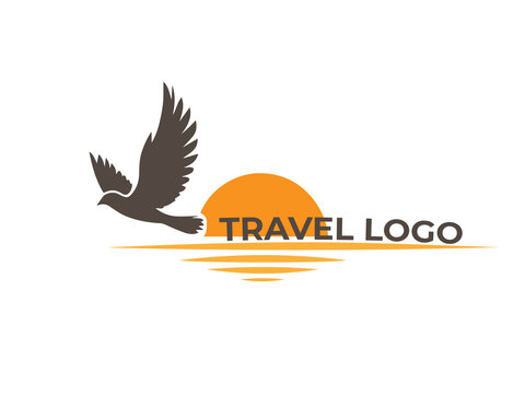 Travel logo with flying bird and sunset modern tourism brand identity vector design