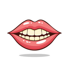 Fototapeta premium Cartoon illustration of a wide smiling mouth with bright white teeth and glossy pink lips