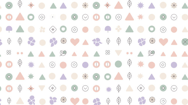 seamless, pattern, pastel, geometric, floral, icons, abstract, shapes, decorative, background, repeat, minimal, modern, vector, illustration, soft, colors, symmetry, wallpaper, texture