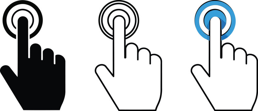 Finger cursor icons illustrate touch interaction for digital interfaces and website navigation elements on a white background.