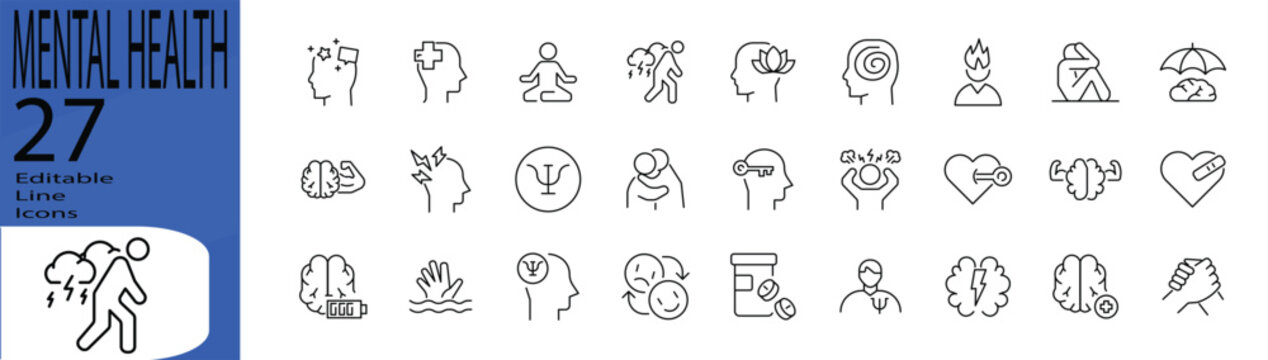 Mental Health line editable icon set. Editable stroke. Vector illustration.
