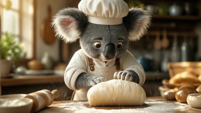 A cheerful koala chef wearing a white toque and apron rhythmically kneads soft dough in a rustic kitchen setting, capturing a delightful culinary moment perfect for food and animal lovers.