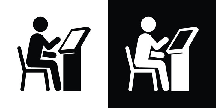 Graphic icon of a person sitting and using a self-service digital kiosk or computer terminal. Suitable for banking, check-in, or automated information services themes.