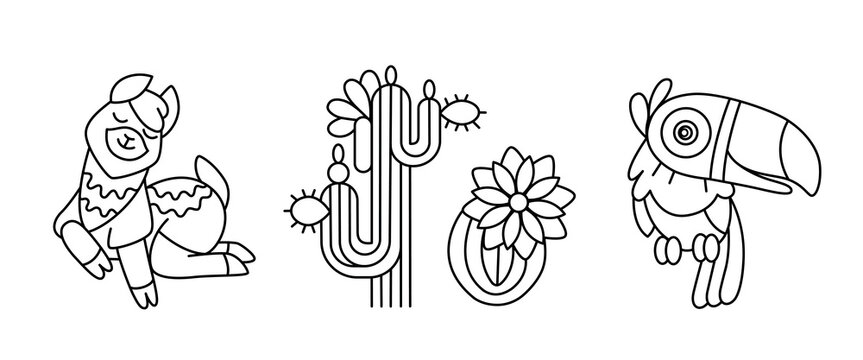 Cute llama, cactus, toucan bird doodle. Hand drawn line minimalist tropical and desert animal set alpaca, blooming cactus, and toucan. Outline illustration of South American animal, exotic bird and su