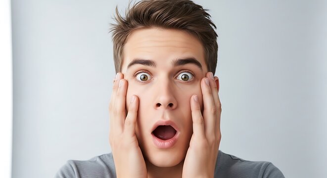 Shocked Young Man Face, Surprised Expression, Astonished Reaction, Wide Eyes, Open Mouth, Hands on Cheeks, Man's Emotion