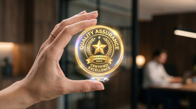 Hand holding quality assurance award badge with anti ai slop content message and glowing star seal