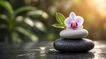 Fototapeta premium Orchid and green leaf on stacked zen pebbles in a serene spa setting