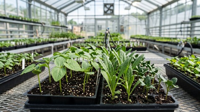 Close-up of green plant sprouts (Plantae) in seedling cassettes in agronomic complex.