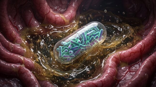 Microscopic imaging of the probiotic (Lactobacillus) and release of active particles in the intestine.