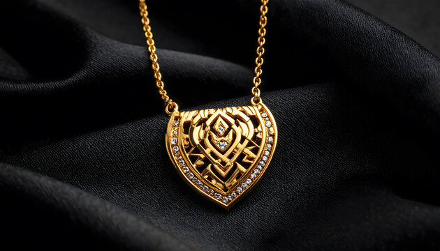 Modern Eastern Gold & Heritage: Minimalist gold necklace contemporary Thai traditional motif pattern elegant luxurious refined graceful beautiful jewelry black background
