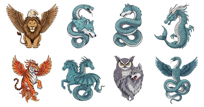 Mythical creatures set illustrated on black background