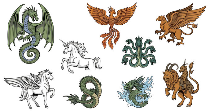 Mythical creatures collection dragon phoenix unicorn griffin cerberus pegasus hydra sea serpent chimera