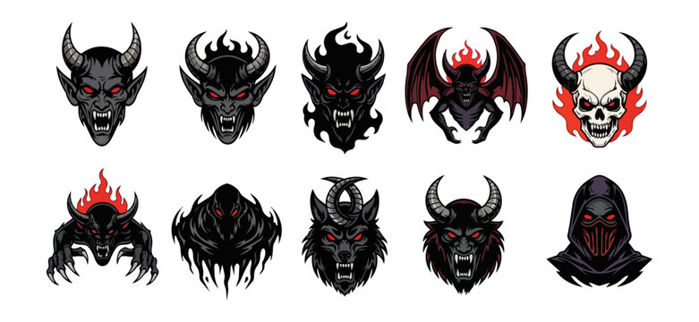 Demonic creature head illustrations on black background