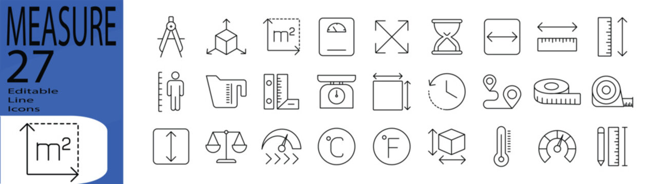 Measure line editable icon set. Editable stroke. Vector illustration.