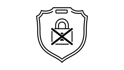 Zero Trust Security Badge Minimalist Black Line Vector Icon on White Background Featuring a Shield with a Crossed-Out Padlock Representing Cybersecurity and Data Protection, Editable Stroke. © Ruma
