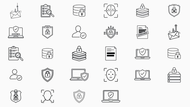 28 Cybersecurity and Data Privacy Vector Icon Set: Minimalist Black Line Bundle Featuring Database Security, Encryption, Face ID, Phishing, and Identity Verification with Editable Stroke Outlines.