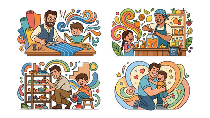 Obraz premium Joyful Moments: A collection of heartwarming illustrations depicting fathers and children engaging in various activities, each scene radiating warmth, love, and the joy of shared experiences.