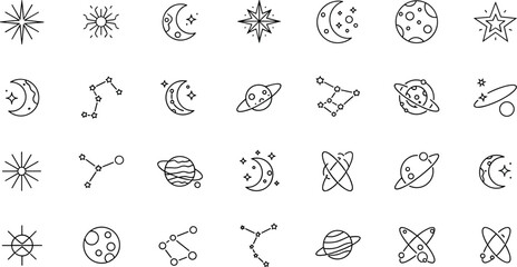 Space and astronomy icon set with stars, planets, constellations, moons and cosmic symbols outline vector collection for science design © MDSALIM