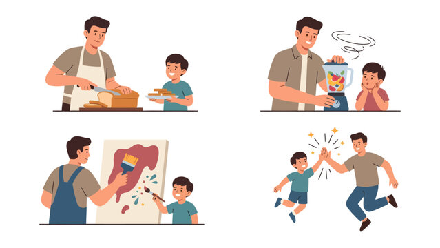 Father-Son Moments: A heartwarming depiction of a father and son engaging in various activities together, sharing moments of joy, bonding, and learning.