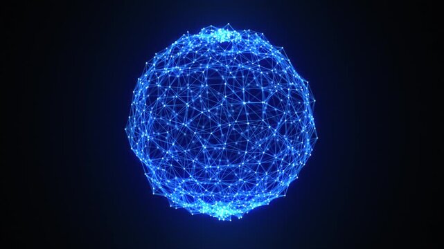 Abstract 3d sphere visualizing digital network connections. Global network concept, communication technologies, Big data, AI. Digital globe of blue neon data connections. Virtualization. 4k loop.