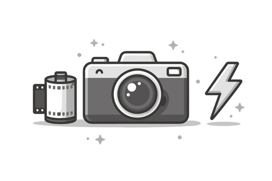 Grayscale Flat Design Vector Illustration of a Vintage Analog Film Camera with a Roll of 35mm Photographic Film and a Lightning Bolt Flash Icon Symbol Isolated on a White Background